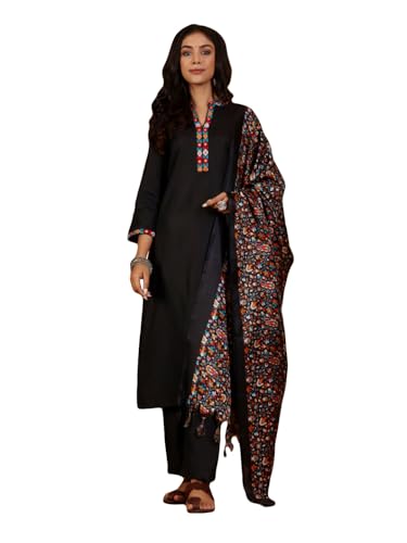 Varanga Women Mandarin Collar Embroidered Straight Kurta With Trouser & Floral Printed Dupatta