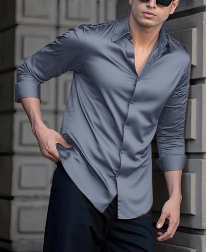 Indoprimo MenS Casual Button Down Long Sleeve Satin Plain Shirt Darkgrey