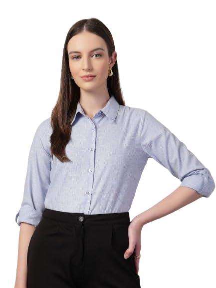 Style Quotient Women Powder Blue Self Design Linen Regular Fit Formal Shirt