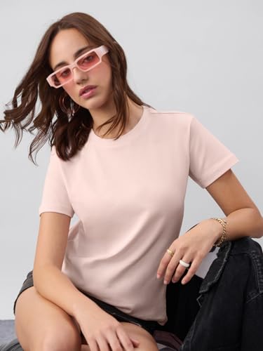 The Souled Store Casual Classics: Angel Dust Women and Girls Short Sleeves Round Neck Solid Cotton Regular Fit Lightweight Every