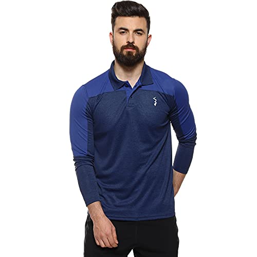 Campus Sutra Mens Denim Blue Contrast Activewear T-Shirt for Casual Wear | Spread Collar | Long Sleeve | Half-Button Closure |