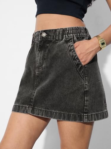 The Souled Store Denim Skirt: Raven Black Women and Girls Button Closure Solid Cotton Mini Denim Skirts