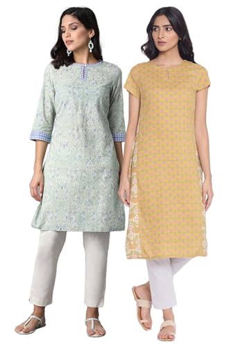 W for Woman Yellow Printed Rayon Straight Kurta & Green Printed Cotton Straight Kurta Combo
