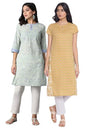 W for Woman Yellow Printed Rayon Straight Kurta & Green Printed Cotton Straight Kurta Combo