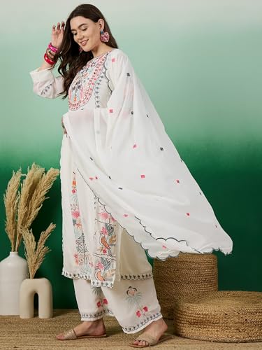 Serona Fabrics WomenS Faux Georgette Thread Embroidered Work Kurta With Palazzos & Dupatta