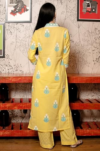 GoSriKi Ladies Viscose Rayon Printed Kurta with Trousers & Dupatta, Medium, Mustard, Model: Belagavi Mustard-GS