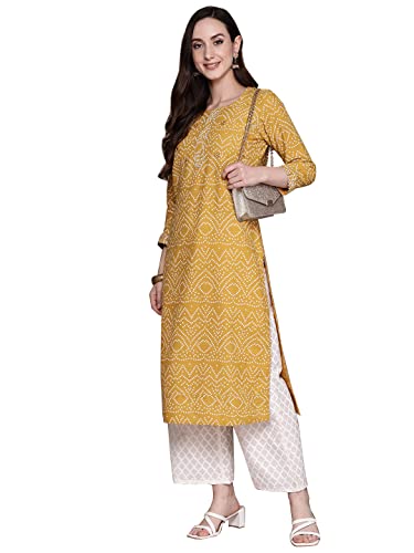 anubhutee Women's Viscose Rayon Bandhani Mustard Printed Straight Kurta Suit Set