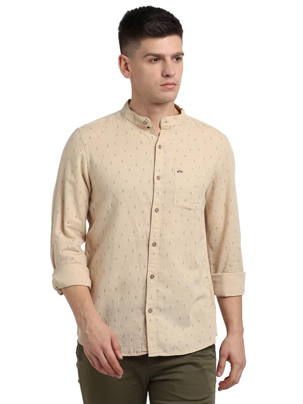 Turtle Men Cotton Linen Khaki Printed Slim Fit Full Sleeve Casual Shirt