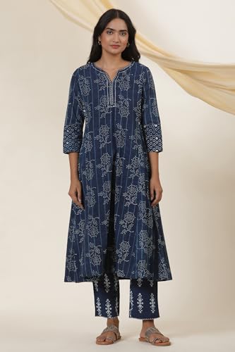 W for Woman Folksong Blue Printed Cotton A-Line Kurta
