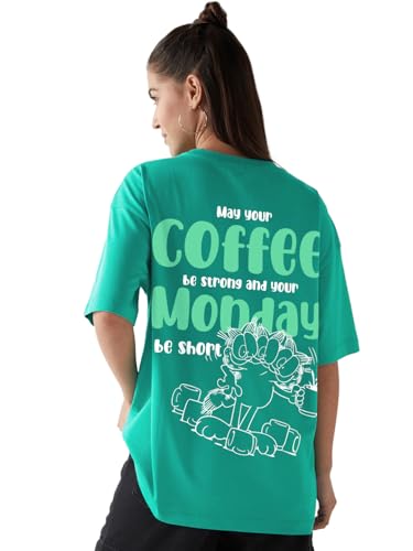 Bewakoof Official Garfield Merchandise Womens Graphic Print Oversized Fit Half Sleeve Round Neck Cotton Jersey T-Shirt_649895_G