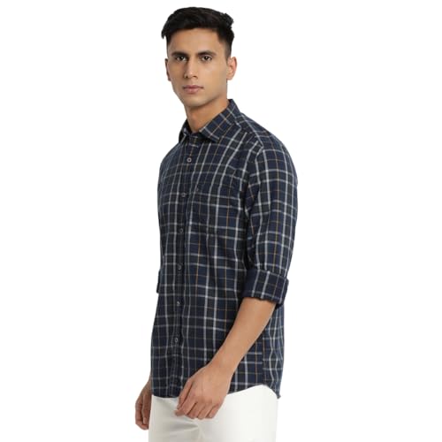 Turtle Men Cord Dark Blue Checkered Slim Fit Full Sleeve Casual Shirt