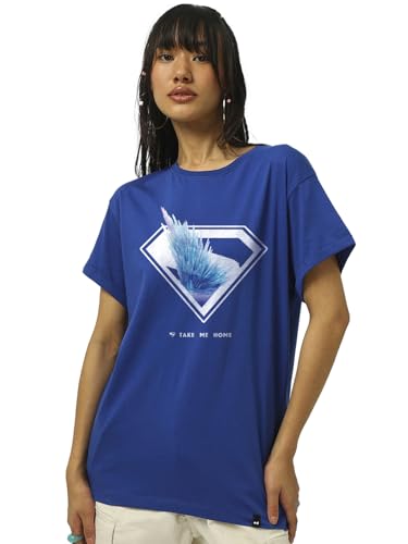 Bewakoof Official Dc Merchandise Superman WomenS Graphic Print Boyfriend Fit Half Sleeve Round Neck Cotton T-Shirt_683834_Blue_M