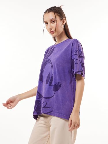 Bewakoof Official Disney Merchandise Mickey Womens Graphic Print Oversized Fit Half Sleeve Round Neck Pure Cotton T-Shirt_63405