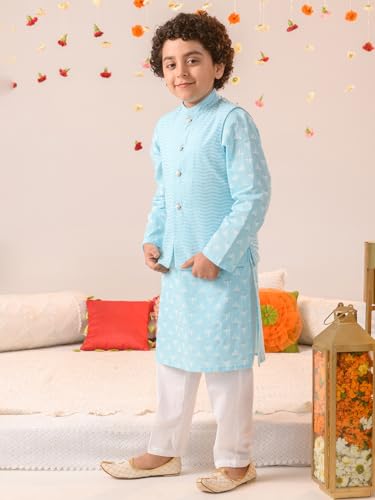 Pspeaches Boys Striped Pure Cotton Kurta With Pyjamas Nahru Jacket