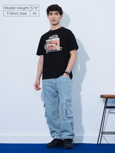 The Souled Store Looney Tunes: Road Runner Men and Boys Short Sleeves Round Neck Black Embroidered Cotton Relaxed Fit T-Shirts