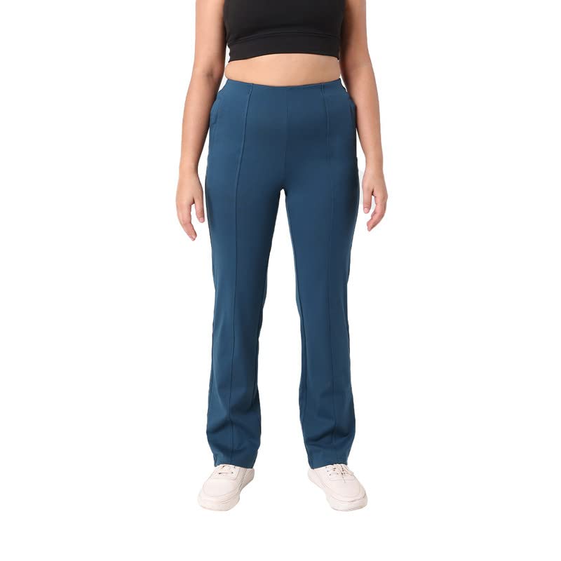 BlissClub Women The Ultimate High Rise Straight Pants|Trousers for Women|Straight Fit|Pintuck Design|Polyester,Blue
