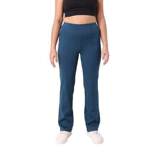 BlissClub Women The Ultimate High Rise Straight Pants|Trousers for Women|Straight Fit|Pintuck Design|Polyester,Blue