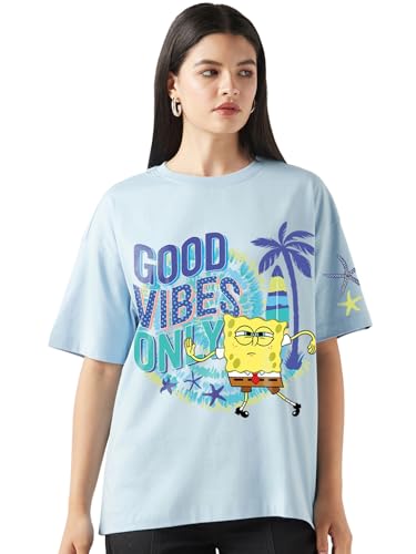 Bewakoof Official Spongebob Sponge Bob Womens Graphic Print Oversized Fit Half Sleeve Round Neck Pure Cotton T-Shirt_662756_Blu