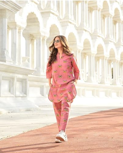 Pujia Mills Co ord Set for Woman Cotton Stylish Printed Ethnic wear Cotton Kurti Pair with V Neck Collor and 3/4 Sleeve Length