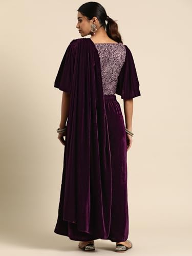 Libas WomenS Velvet Saree (34768_Wine)