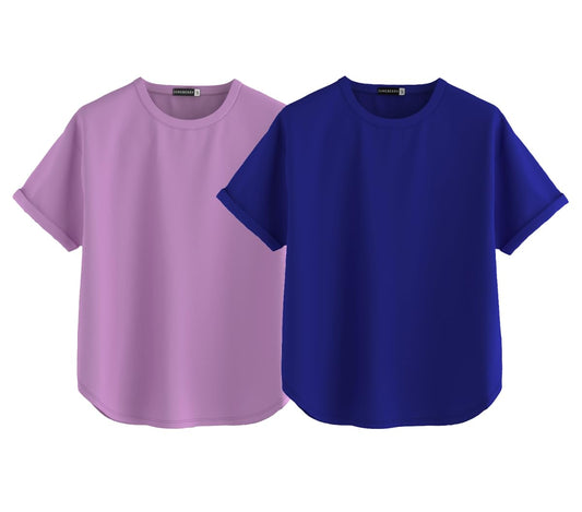 Juneberry Pure 100% Cotton Oversized Loose Baggy Fit Round Neck With Drop Shoulder Lilac & Royal Blue Half Sleeves Boyfriend T-S