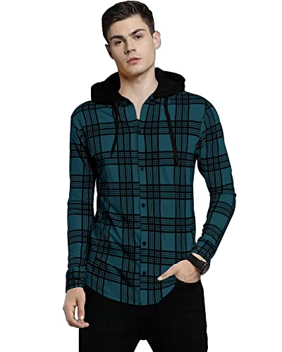 EYEBOGLER Men Checkered Hooded Neck Blue T-Shirt