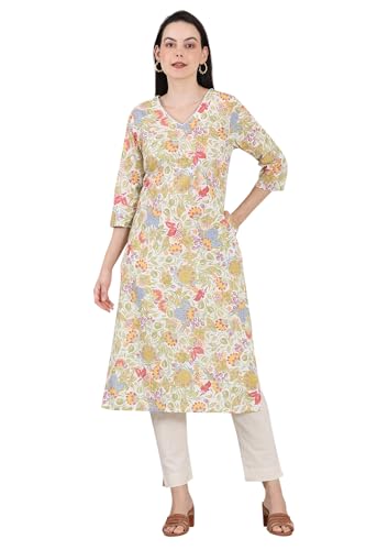 White Floral Printed Pure Cotton Straight Kurta with Lace on Neck