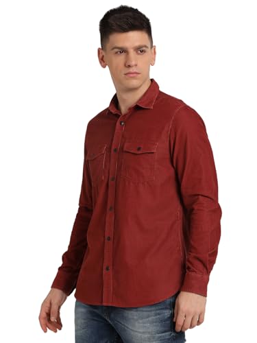Turtle Men 100% Cotton Slim Fit Red Solid Casual Shirt