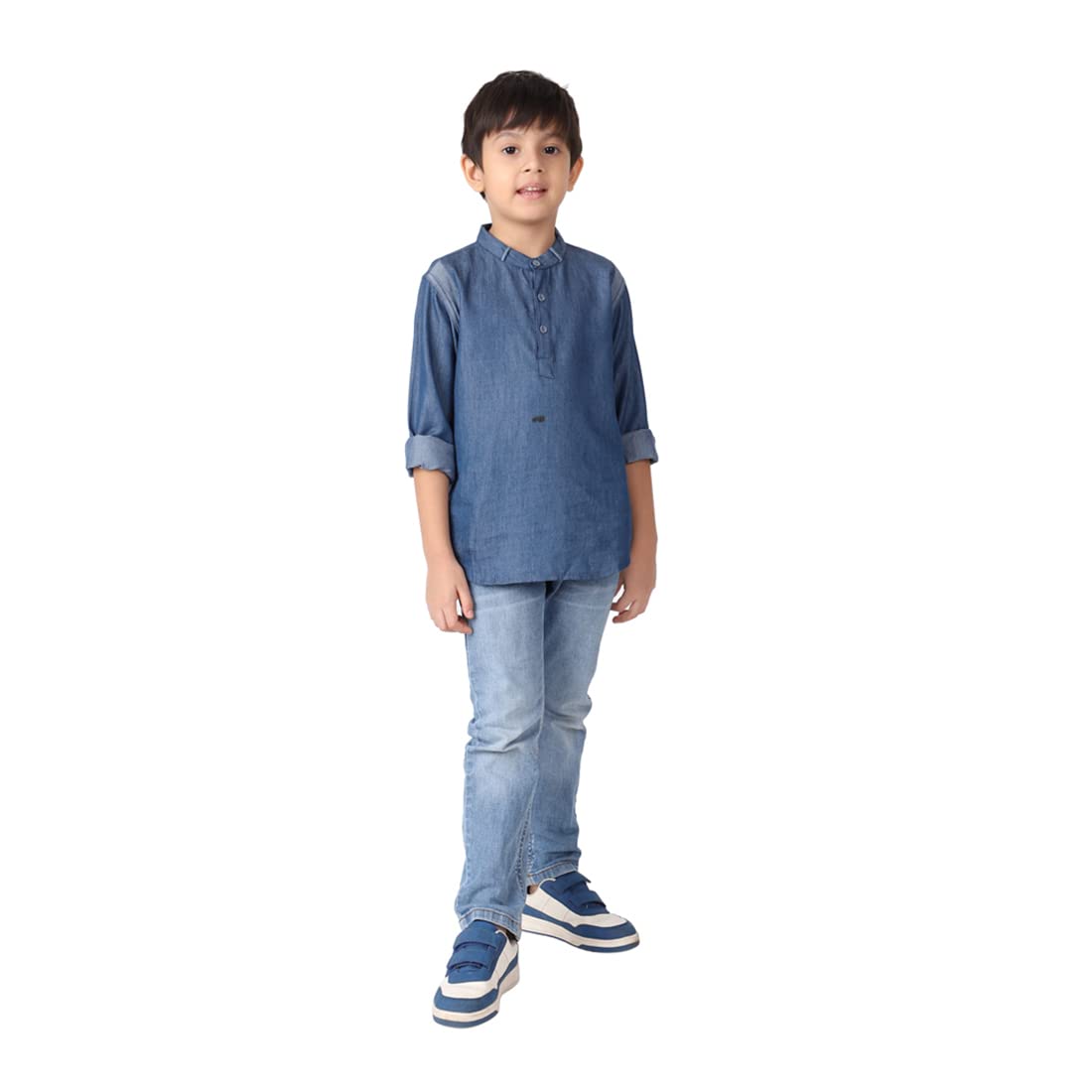 Fabindia Kids Cotton Chinese Collar Short Kurta Blue_2-3Y