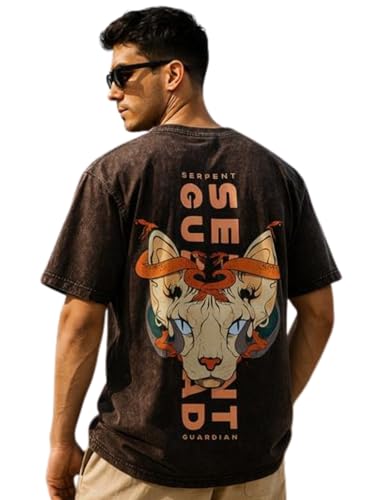 Veirdo Mens Graphic Print Oversized Fit Short Sleeve Round Neck Cotton Acid Wash T-Shirt in Colors with Sizes
