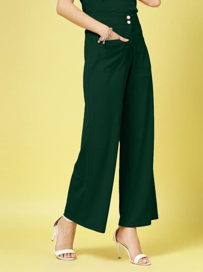 Womens Wide Leg Pants | Solid Green Stretchable Polyester Trousers | Stylish Korean Clothing | Flared, Straight Fit, Baggy, and