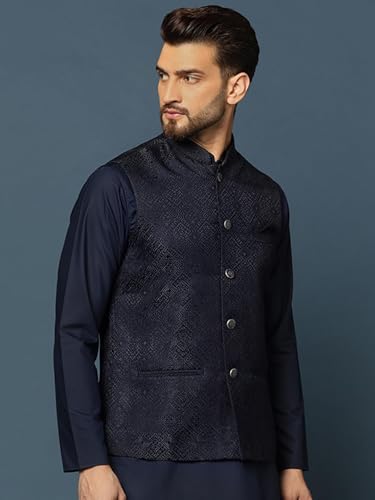 Kisah MenS Nehru Jacket Ethnic Festive Navy Blue Waistcoat Cotton, Regular Fit