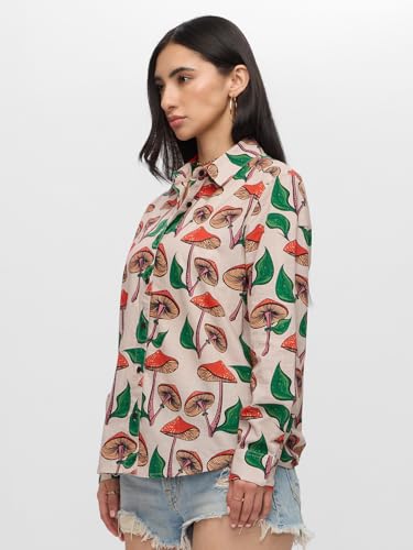 The Souled Store Mushrooms Women and Girls Long Sleeves Collared Neck Button Front Beige All Over Printed Regular Fit Cotton Shi