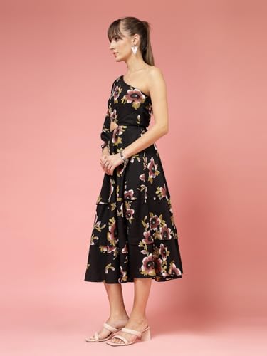 OOMPH! Womens Western & Fusion wear Printed Crepe Dress for Women, One Shoulder, Black - md1073