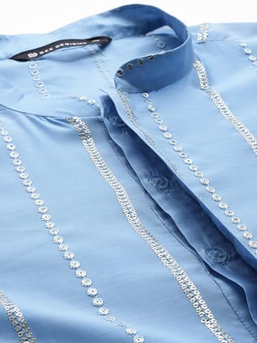 See Designs MenS Long Sleeve Mandarin Collar Turquoise Blue Sequins Embroidered Chanderi Silk Straight Kurta With Pyjama - Sdkt