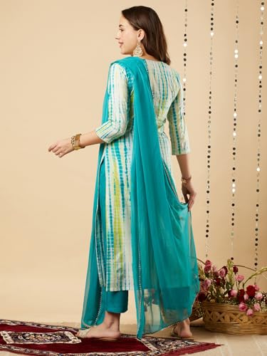 GoSriKi Womens Rayon Blend Straight Printed Kurta with Pant & Dupatta (Tiedye-RAMA Blue-NE-GS_L_Blue_Large)