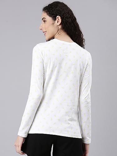 Enamor Womens Geometric Slim Fit T-Shirt (E257_Bright White-Dandelion AOP