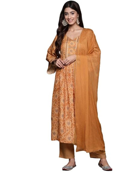 Varanga Women Rust Bandhani Printed Embellished With Gota A-Line Kurta Paired With Tonal Solid Bottom And Tonal Chiffon Dupatta