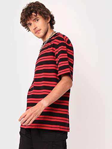 Bewakoof Mens Striped 100% Cotton T-Shirt - Oversized Fit, Round Neck, Half Sleeves Black