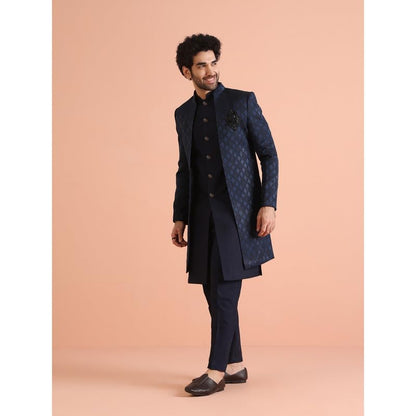 Kisah Mens Jacket Sherwani Trouser Set|Silk Blend Fabric Jacquard Pattern Indo-Western Sherwani Set For Men|Regular Fit Mandarin