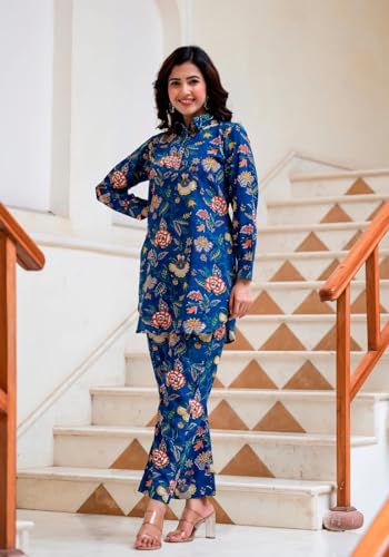 Dhruvi Trendz Regular Fit Formal Floral Printed Rayon Western Co-Ord Set For Women(Available In 2Xl And 3Xl) (Dt-W1730&Tr821_Blu
