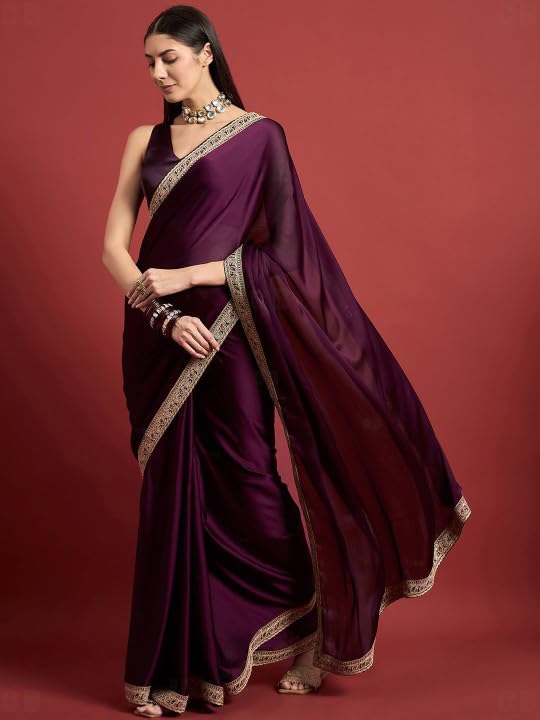 Cb-Colebrook Women'S Soft Satin Saree With Embroidered Sequin Border With Blouse Piece, Traditional Indian Ethnic Wear, Party, W