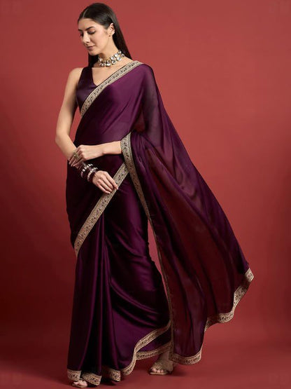 Cb-Colebrook Women'S Soft Satin Saree With Embroidered Sequin Border With Blouse Piece, Traditional Indian Ethnic Wear, Party, W