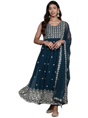Libas Teal Embroidered Georgette A-Line Kurta With Trousers & Dupatta