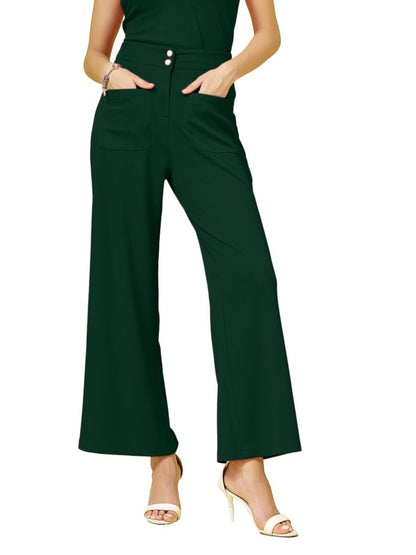 Womens Wide Leg Pants | Solid Green Stretchable Polyester Trousers | Stylish Korean Clothing | Flared, Straight Fit, Baggy, and