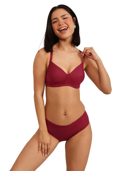 Clovia Womens Padded Non-Wired Full Coverage Self Striped Multiway T-Shirt Bra and Mid Waist Hipster Panty (COMBP5A09_Maroon_40