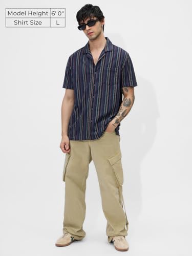 The Souled Store Stripes: Blue, Green, Yellow Men And Boys Short Sleeves Collared Neck Button Front Cotton Blend Regular Fit Tex