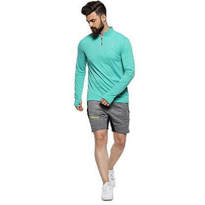 Campus Sutra Mens Mint Green Basic Activewear T-Shirt for Casual Wear | Mock Neck | Long Sleeve | Half-Zipper Closure | Polyest