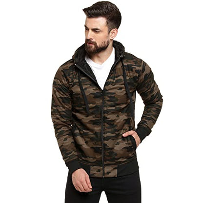 Campus Sutra Mens Olive Green Camouflage Regular Fit Cotton Jacket For Winter Wear | Hooded Collar | Full Sleeve | Zipper | Cas