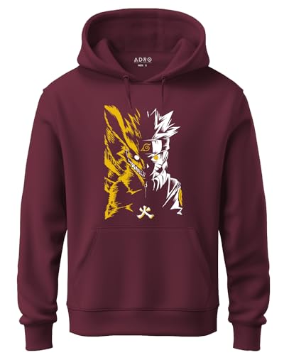 ADRO Mens Hoodies with Naruto Uzumaki Anime Printed, 100% Cotton 340GSM Warm & Soft Fabric. (H23-M-NRR-MR_Maroon_XL)